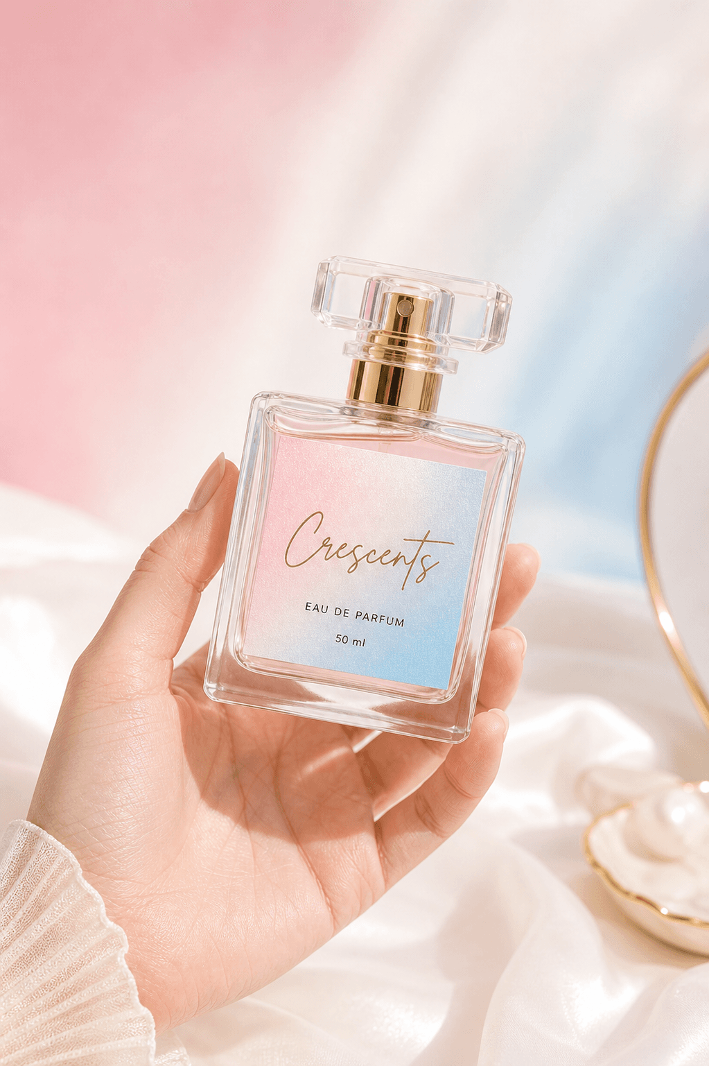 Hand holding a Crescents perfume bottle in blush pink and powder blue styling