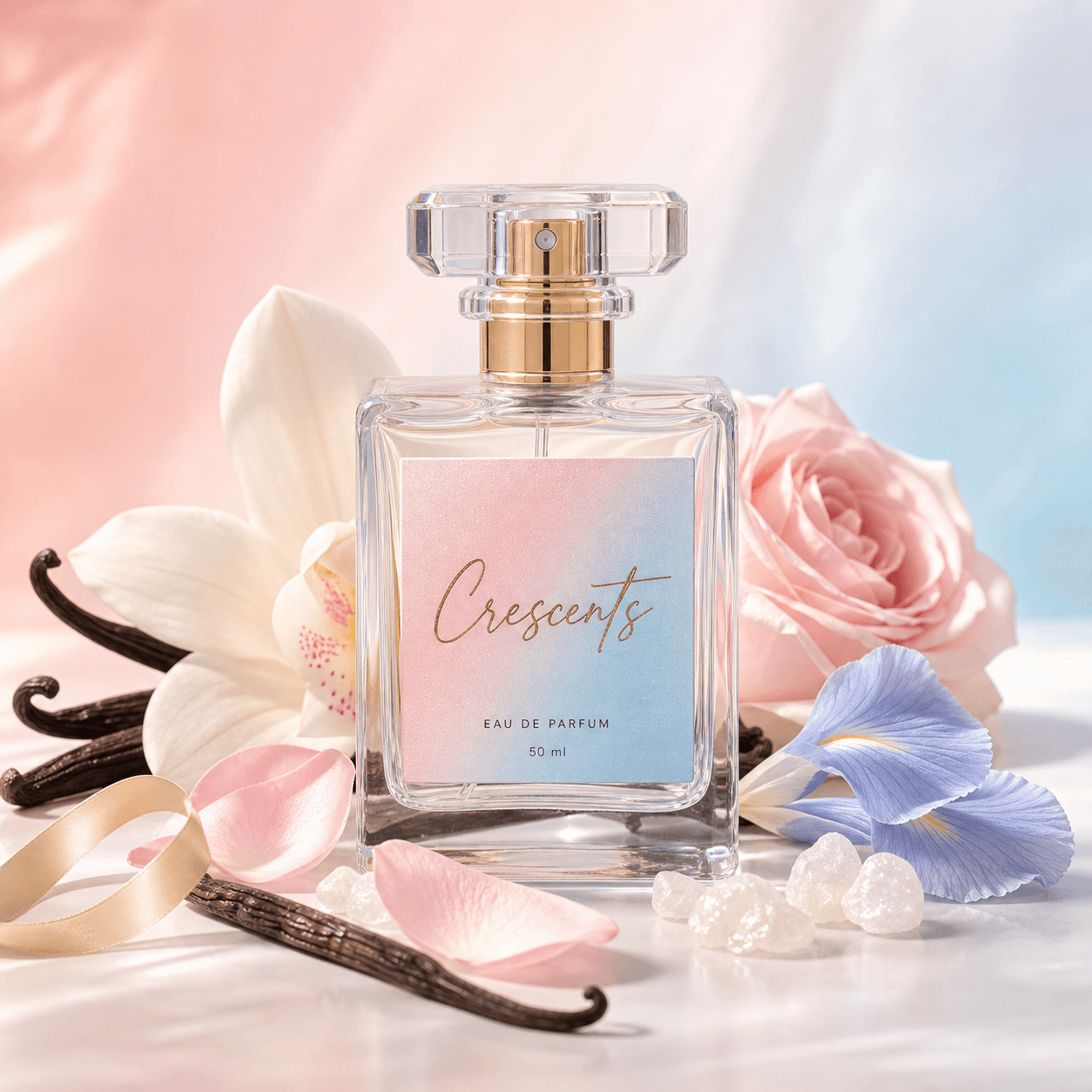 Crescents perfume bottle with vanilla, rose, iris, musk crystals, and champagne ribbon